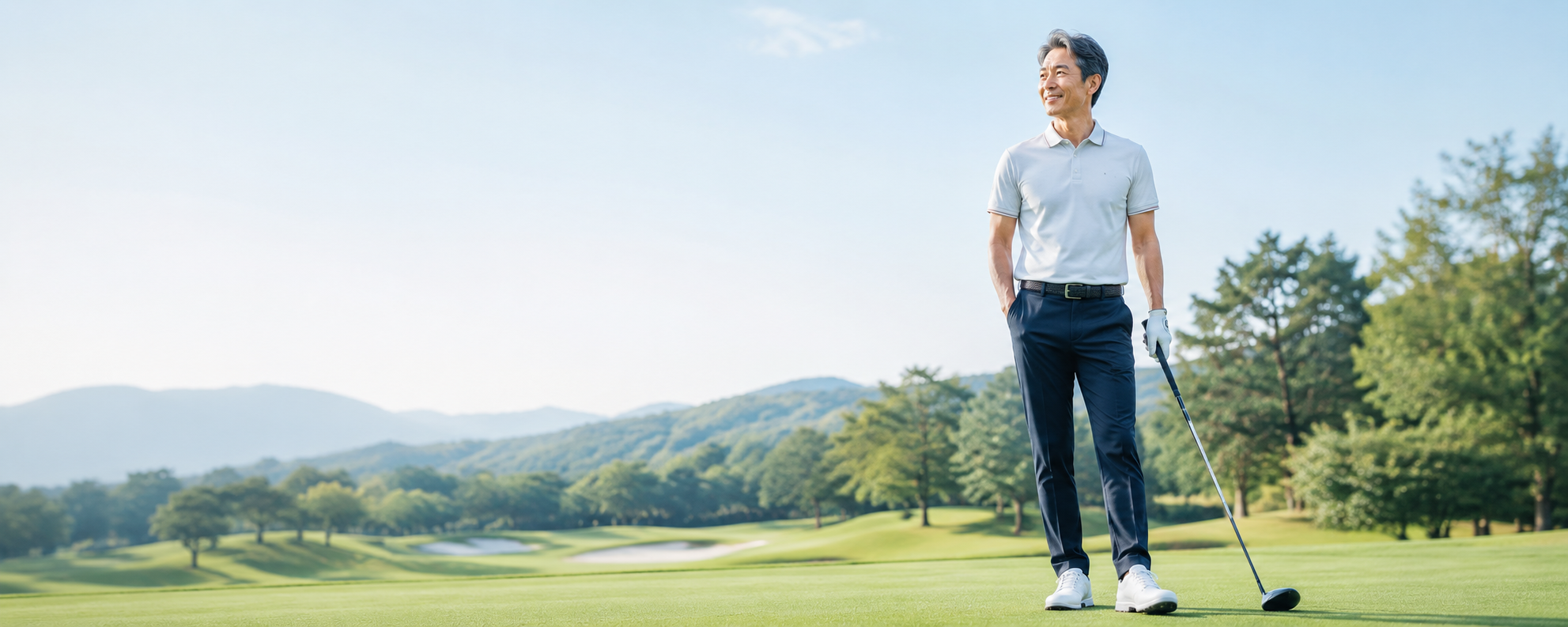 ゴルフコースに立つミドル世代の日本人男性